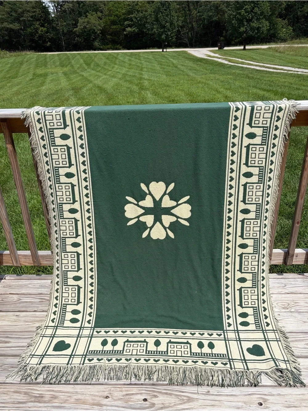 Vintage Green Cream Woven Throw Blanket Cottage Houses Hearts Fringe Farmhouse